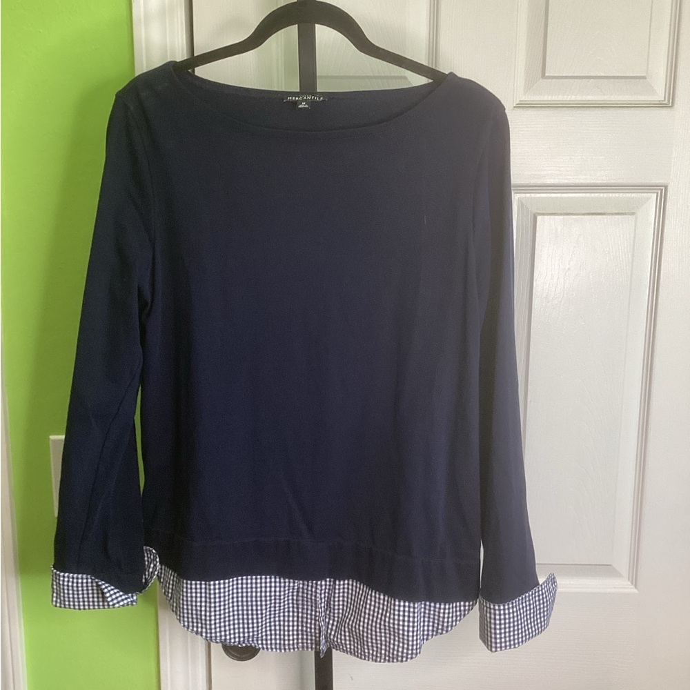 J. Crew Mercantile Navy Top with Checkered Accents, size Medium